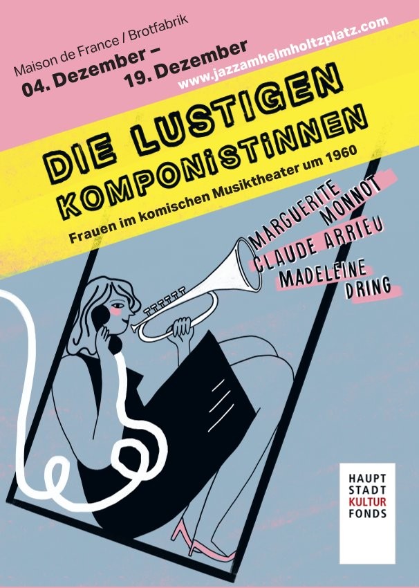 Plakat „Die lustigen Komponistinnen“ mit gezeichneter Frau in einer Telefonzelle